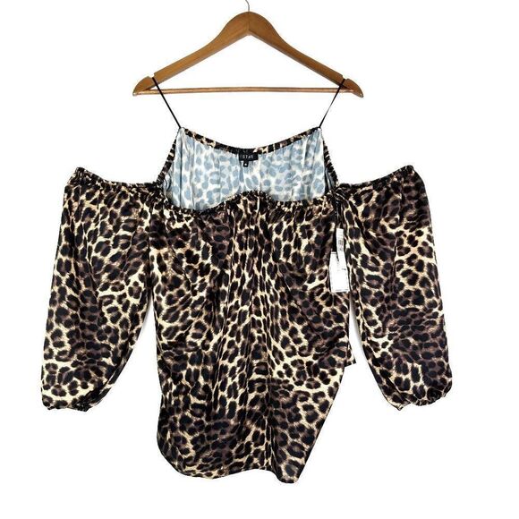 1.State Luxe Animal Satin Off Shoulder 3/4 Sleeve Top - Picture 2 of 9
